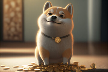 Adorable fluffy shiba inu puppy smiling on top of a pile of gold coins, Generative AI. 