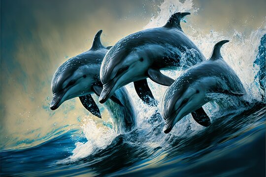 dolphin family jumping out of water