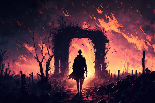 A man walking in the burnt cemetery with burning sky, digital art style, generative ai