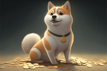 Cute puppy, surrounded by gold coins,  generative AI. 