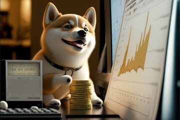 Shiba Inu pup watches his investments grow,  generative AI. 