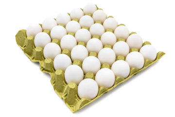 Cartela com 30 ovos brancos sobre fundo transparente. Cartela com ovos.