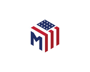 initial Letter M with American Flag in Shape of Hexagon Logo Concept symbol icon sign Element Design. Home, Real Estate, Realtor, Mortgage, House Logotype. Vector illustration template