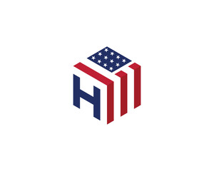 initial Letter H with American Flag in Shape of Hexagon Logo Concept symbol icon sign Element Design. Home, Real Estate, Realtor, Mortgage, House Logotype. Vector illustration template