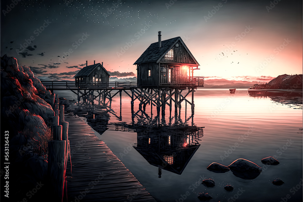 Aufkleber a dock with a house on it - generative ai