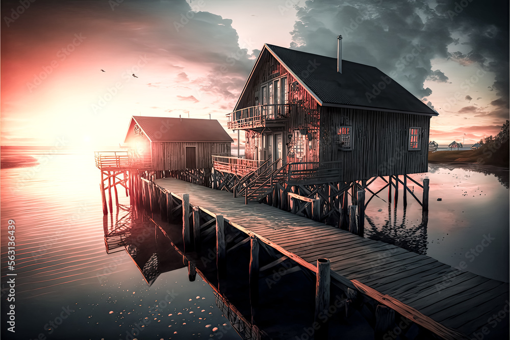 Aufkleber a dock with a house on it - generative ai