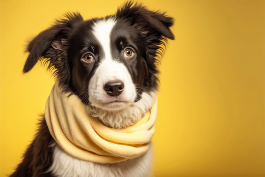 puppy with yellow scarf, Puppy dog border collie. generative ai