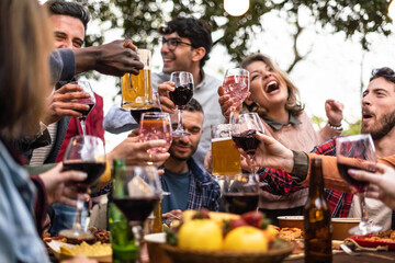 A diverse group of friends raising their glasses in a toast during a countryside picnic. The table...