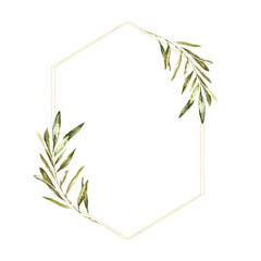Watercolor Gold Olive floral frame illustration, Botanical hexagon greenery polygonal flower arrangement background for wedding stationery, rsvp, save the date, invitation, baby shower,diy, nursery	