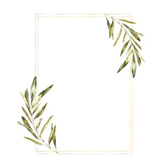Watercolor gold polygonal frame illustration. Greenery olive square wreath, botanical flower arrangement. Olive branch composition for wedding stationery, rsvp, save the date, invitation, baby shower