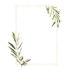 Naklejka premium Watercolor Gold Olive floral frame illustration, Botanical greenery polygonal rectangle flower arrangement background for wedding stationery, rsvp, save the date, invitation, baby shower, nursery, diy