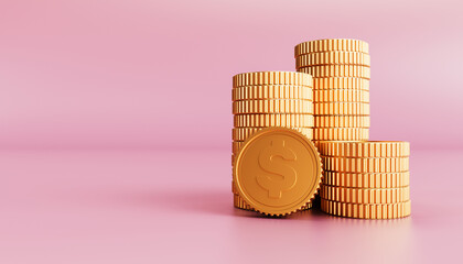 Stack of 3D gold coins on pink background, 3D coin icon for web banner and mobile app icon. 3d render illustration.