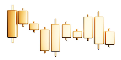 3D Gold Candle Stick Chart isolated on transparent background, financial and stock markets, minimal concept of cryptocurrency trading, investment trading, exchange, forex, finance, index, bullish. 3D 
