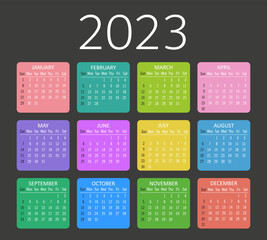 Year 2023 colorful calendar template vector illustration. isolated on black background. week starts sunday.  