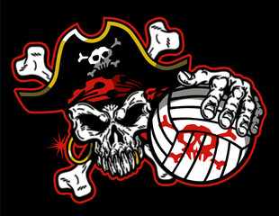pirate mascot skull holding volleyball for school, college or league sports