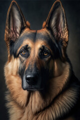 Generative AI portrait illustration of a german shepherd dog looking at the camera, realistic image with a gray background