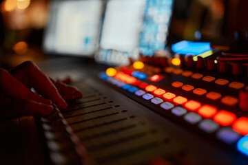 Mixing console for sound producer. Music. Sound. Sound controller. Director's remote.
