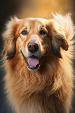 Generative AI portrait illustration of a happy and friendly golden retriever dog, realistic image