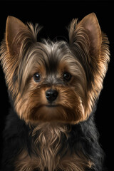 Naklejka premium Generative AI of an illustration of a portrait of a yorkshire terrier dog looking at the camera, realistic image with black background
