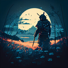 illustration of a samurai standing in a meadow in the moonlight created with generative AI