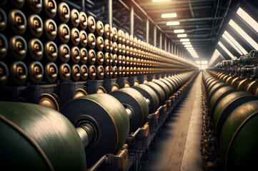 Fototapeta na wymiar Military plant, factory ammunition for artillery, cartridges for weapons. Automated line produces shells for army. Generation AI