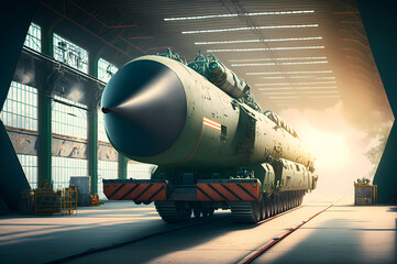 Nuclear warheads in hangar, ready to mission. Industry weapon army factory for tomic ballistic missile bomb. Generation AI