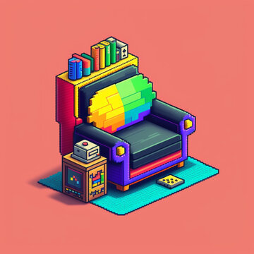 pixel art of the sofa next to which there is a bedside table with things in a cartoon game style with a shak where there is a book on the back