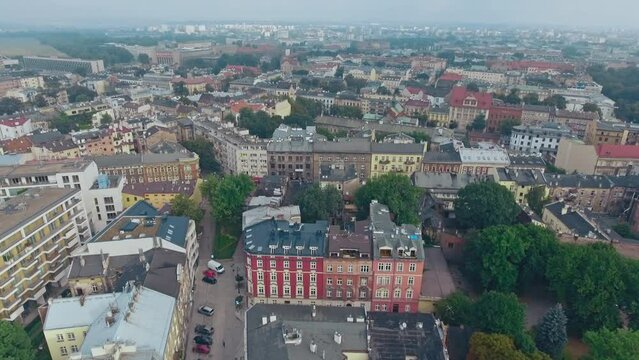 aerial view of Warsaw old town, historical centre of Warsaw at sunrise, flying above Warsaw royal castle, capital of Poland, tourism in Eastern Europe. High quality 4k footage
