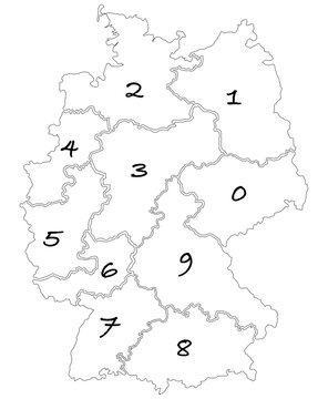 Deutschland Karte Postleitzahlen Gebiete Außendienst Aufteilung farblich