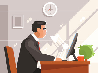 Clerk sitting at the computer. Side view. Businessman in the workplace. Vector illustrator