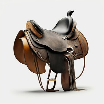 Detailed leather horse saddle isolated on a white background, generative ai