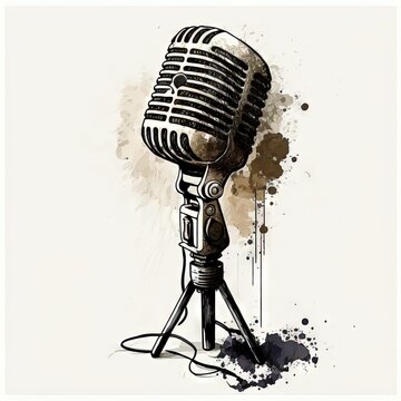  A Microphone With A Splattered Background And A Spray Of Paint On It's Side, With A White Background And A Black And White Background With A Splash Of Watercolor Spots.