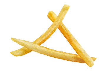 Delicious potato fries, isolated on white background