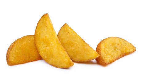 Delicious fried potato wedges, isolated on white background