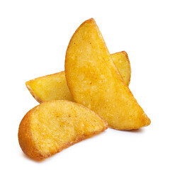 Delicious fried potato wedges, isolated on white background