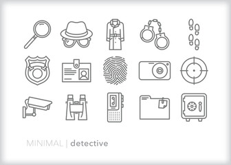 Set of detective line icons of items and themes for a private or police investigators looking to solve crimes or find a suspect