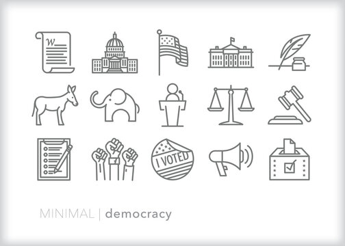 Set of democracy line icons of American, political, democratic themes 