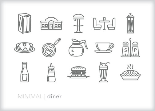 Set of diner line icons of food and drink to order at an old fashioned roadside diner for breakfast, lunch or dinner