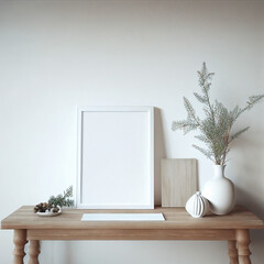 Mockup white frame on wooden table, white vase with plant, decorative elements on table and white wall