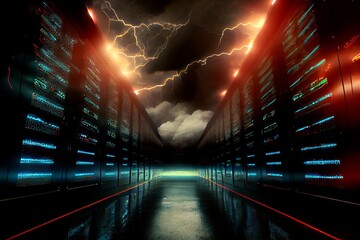 A dark network data center operation center, with lightning , clouds and storming
generative ai