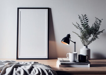 Black mockup frame, vertical, lamp, wooden table, white fabric, books