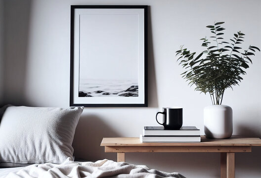 Vertical black picture frame mockup on vintage bench, table. Cup of coffee on a pile of books. Potted olive tree. White wall background. Scandinavian interior, neutral color palette.