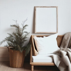 Wooden mockup frame, vertical, white cushions, pine plant in basket. cane furniture, minimalist interior, white wall.