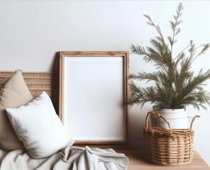 Wooden mockup frame, vertical, white cushions, pine plant in basket. minimalist interior, white wall.