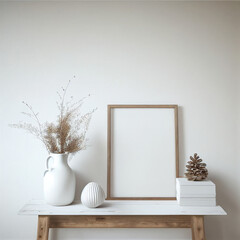 Portrait wooden picture frame mockup on vintage bench, and table. Modern ceramic vase with dry Lagurus ovatus grass,. White wall background. Scandinavian interior. Vertical.