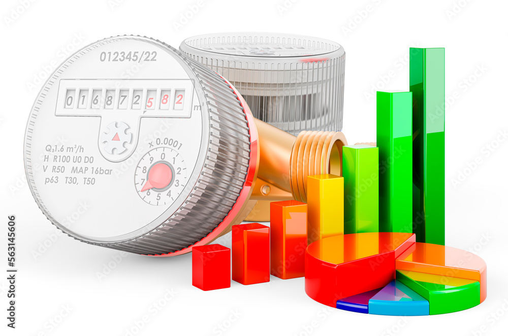 Poster cold and hot water meters with growth bar graph and pie chart. 3d rendering