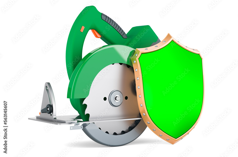 Poster circular saw with shield, 3d rendering