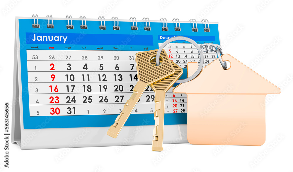 Aufkleber home key with keychain with desk calendar, 3d rendering