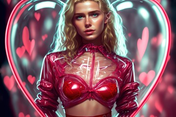 A beautiful woman wearing a red cropped top and clear PVC on a heart-shaped background, generative ai