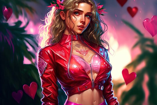 A beautiful anime girl in a red cropped top on an island with hearts, generative ai